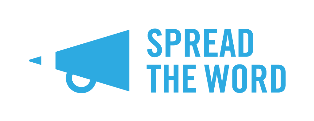 The blue Spread the Word logo with a stylised microphone